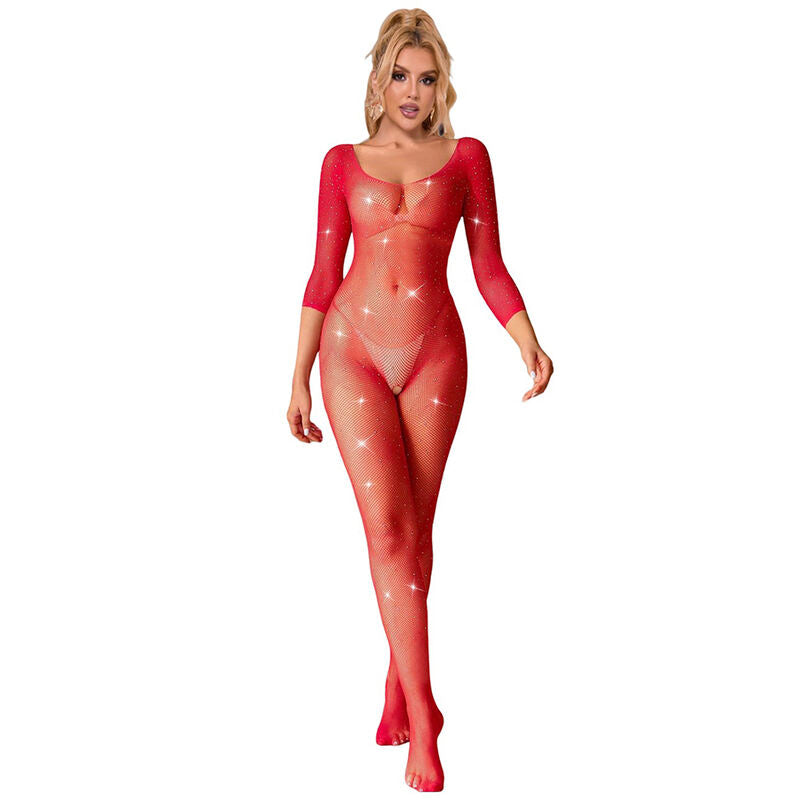 Subblime 952419 – rode netbodystocking met strass en lange mouwen