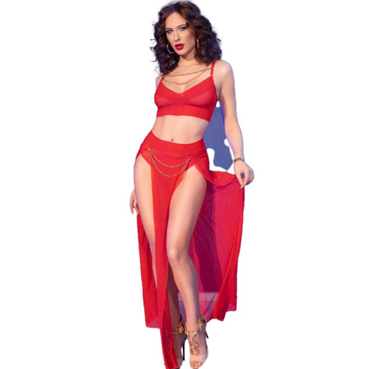 Chilirose CR 4850 – rode tulen set met top, lange rok en string