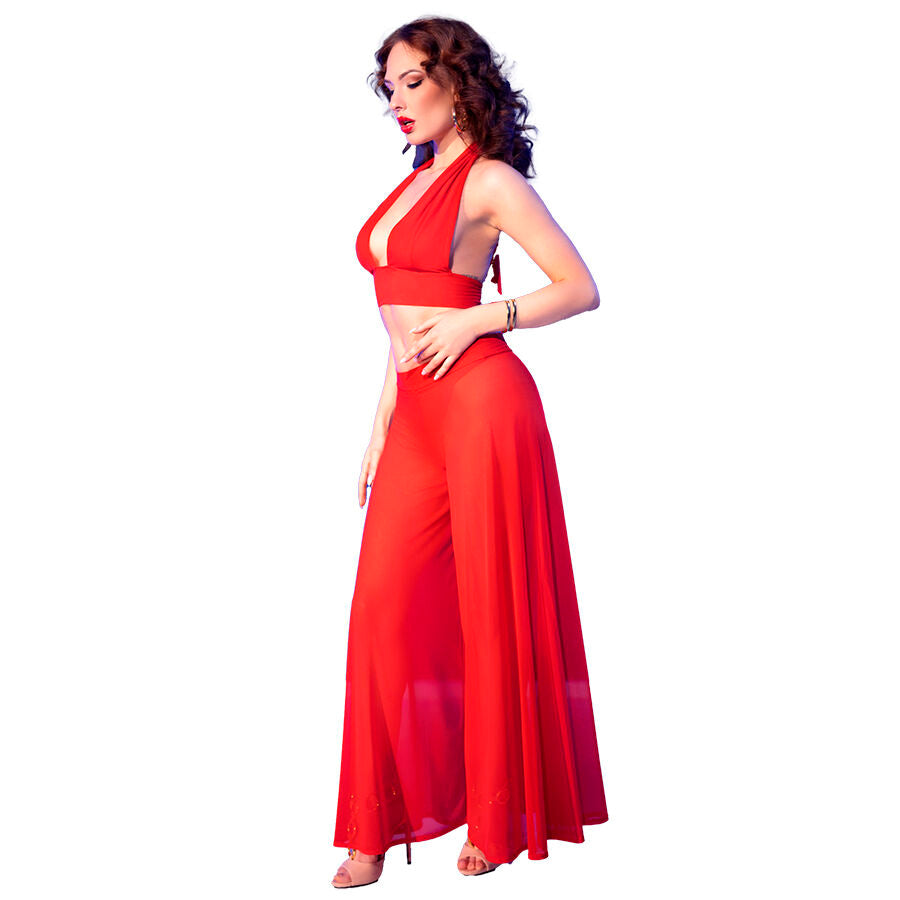 Chilirose CR 4857 – rode set met knoopbare top, wijde broek en string